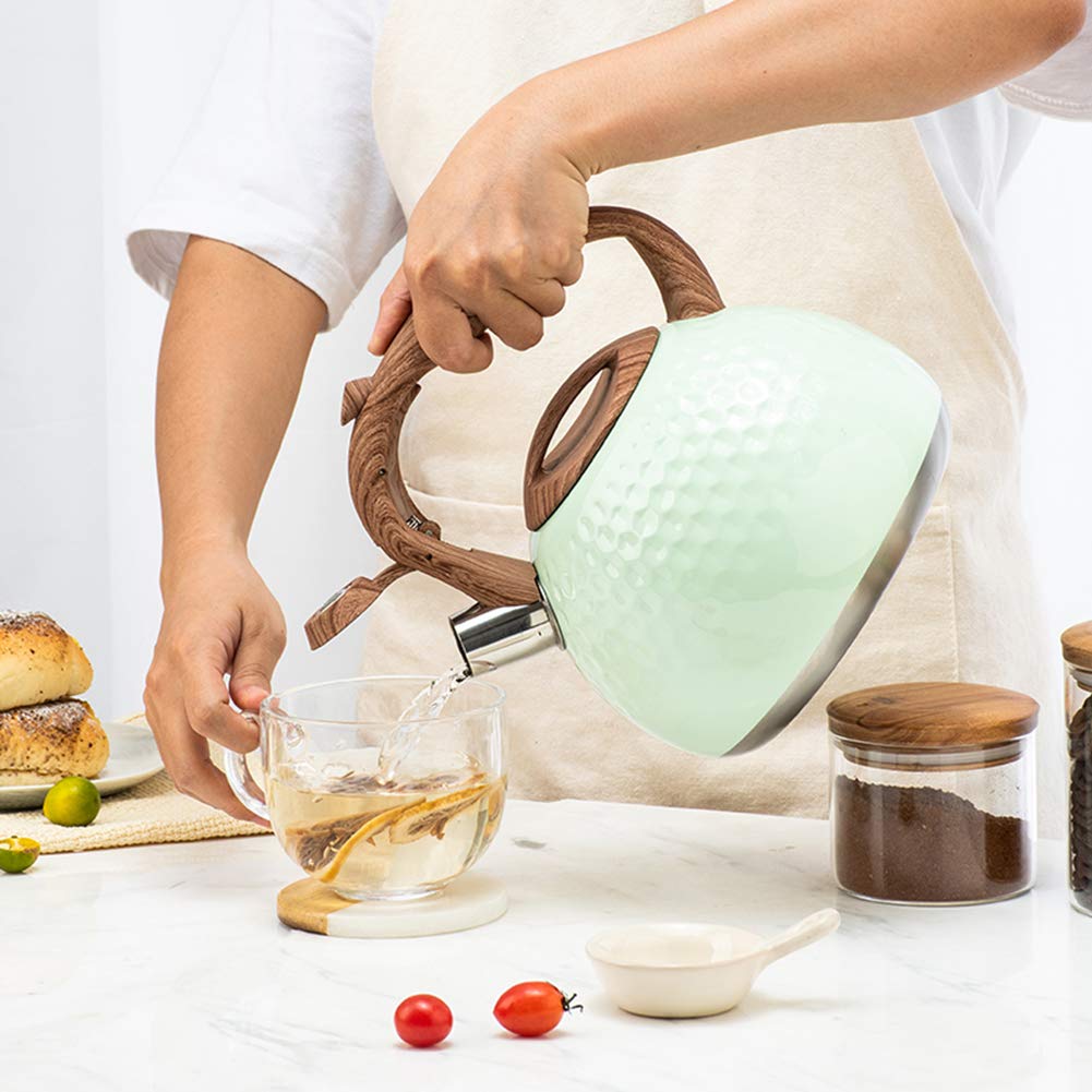 Hervidor Con Silbato De Acero Inoxidable, 2.8L Tetera Con Silbido, Hervidor De Fondo Plano Con Mango De Grano De Madera, Para Estufa, Placa De Inducción Eléctrica De Gas (Verde)