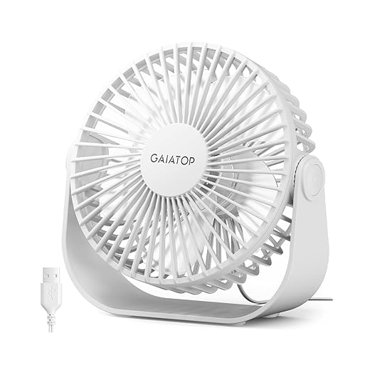 Gaiatop USB Desk Fan, 3 Speeds Strong Airflow, 5.5 Inch Portable 90° Rotate Quiet Cooling, Small Personal Table Fans for Bedroom Home Office Travel White