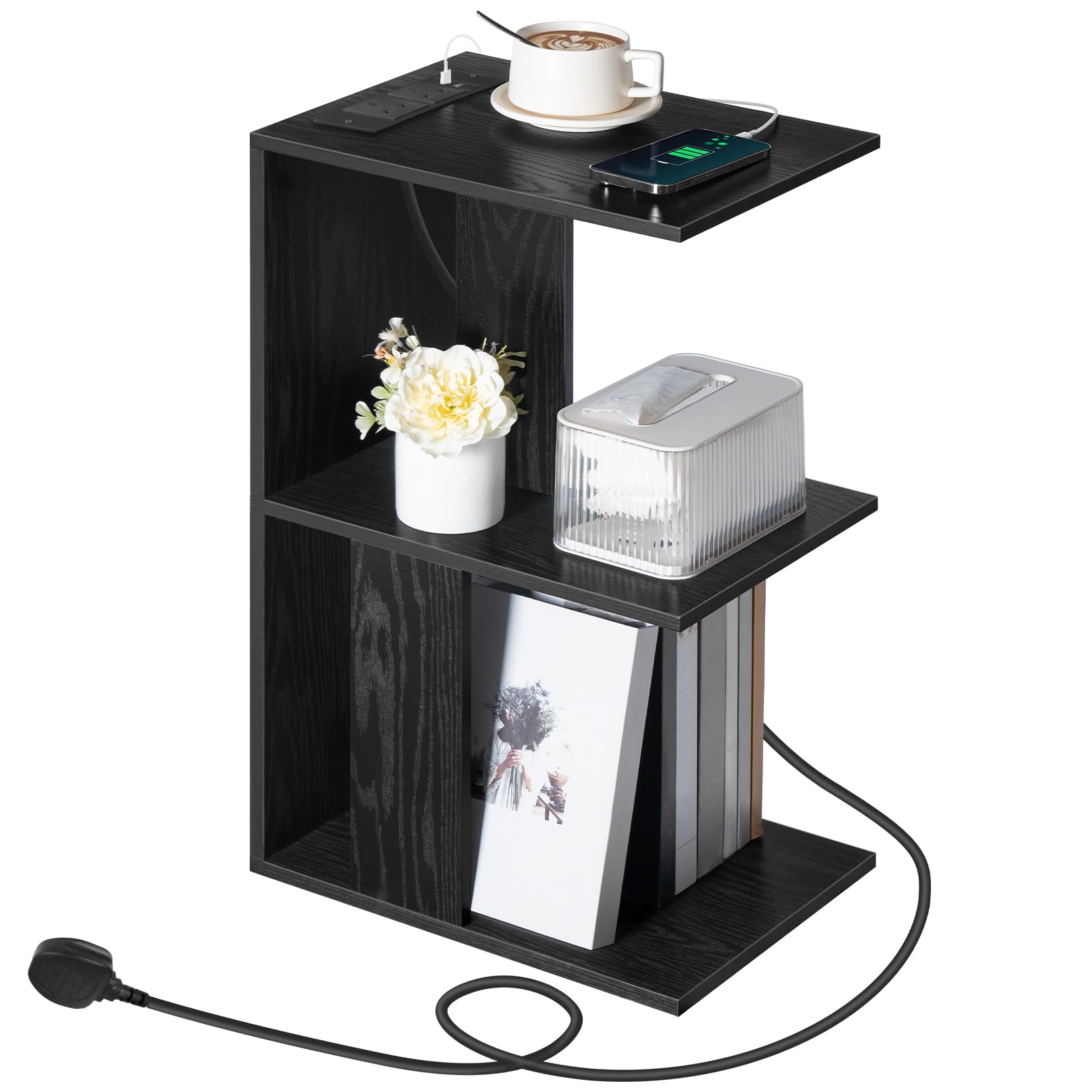 MAHANCRIS End Table with Charging Station, Narrow Side Table for Small Spaces with USB Ports and Outlets, Bedside Nightstand with Light for Living Room, Black AETHB18KE01