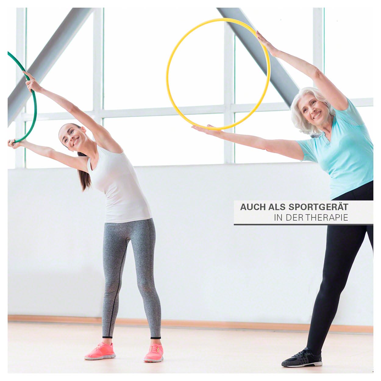 Gymnastikreifen aus Kunststoff, Set: je 1x blau, grün, rot, gelb