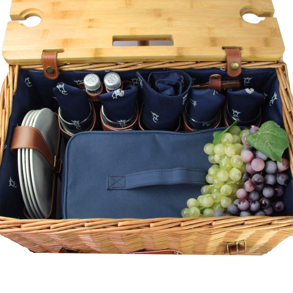 Les Jardins de la Comtesse - Cesta de Picnic Saint Honoré Azul - Cinchas de Cuero - 4 Personas - Nevera Isotermica/Mesa Extraíble - Platos de Cerámica/Copas de Vino en Cristal - 45 x 28 x 28 cm