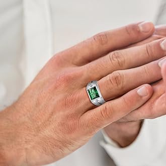 5.3ct Emerald Ring for Men - 8X10mm Rectangle Cut Green Stone With Paved White Cubic Zirconia - 925 Sterling Silver Wedding Engagement Band - 11mm Gemstone Ring Size 7
