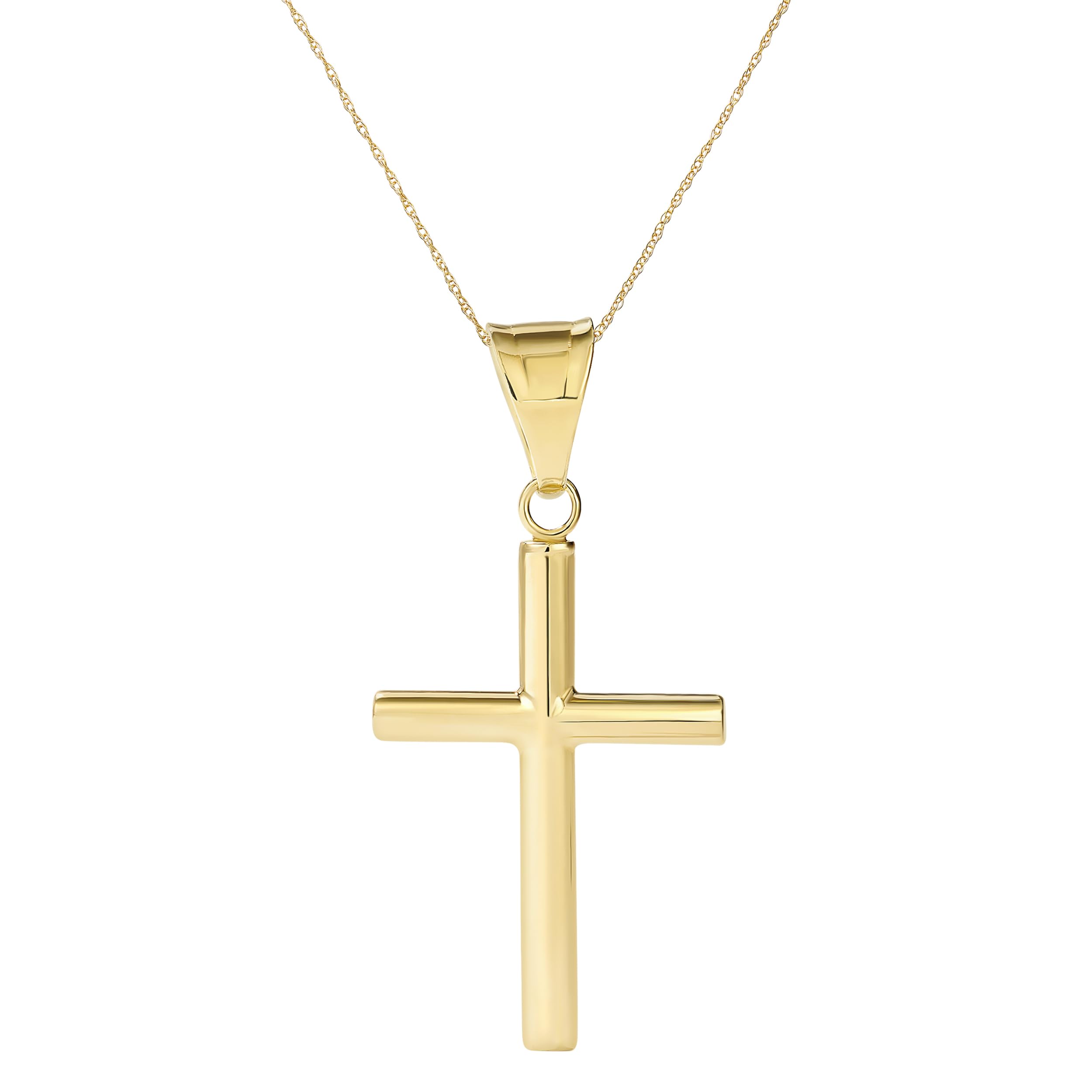 Amanda Rose Collection High-Polish Round Tube Cross Pendant for Women in 10K Yellow Gold, No Chain | Solid Gold, Stamped for Authenticity