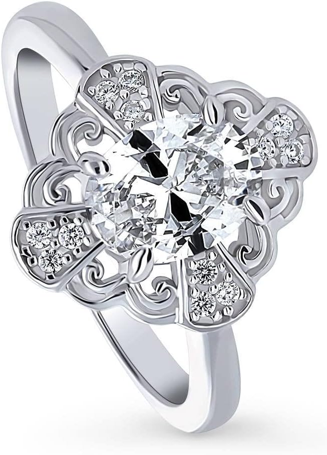 BERRICLE Sterling Silver Halo Wedding Engagement Rings Oval Cut Cubic Zirconia CZ Flower Ring for Women, Rhodium Plated Size 4-10