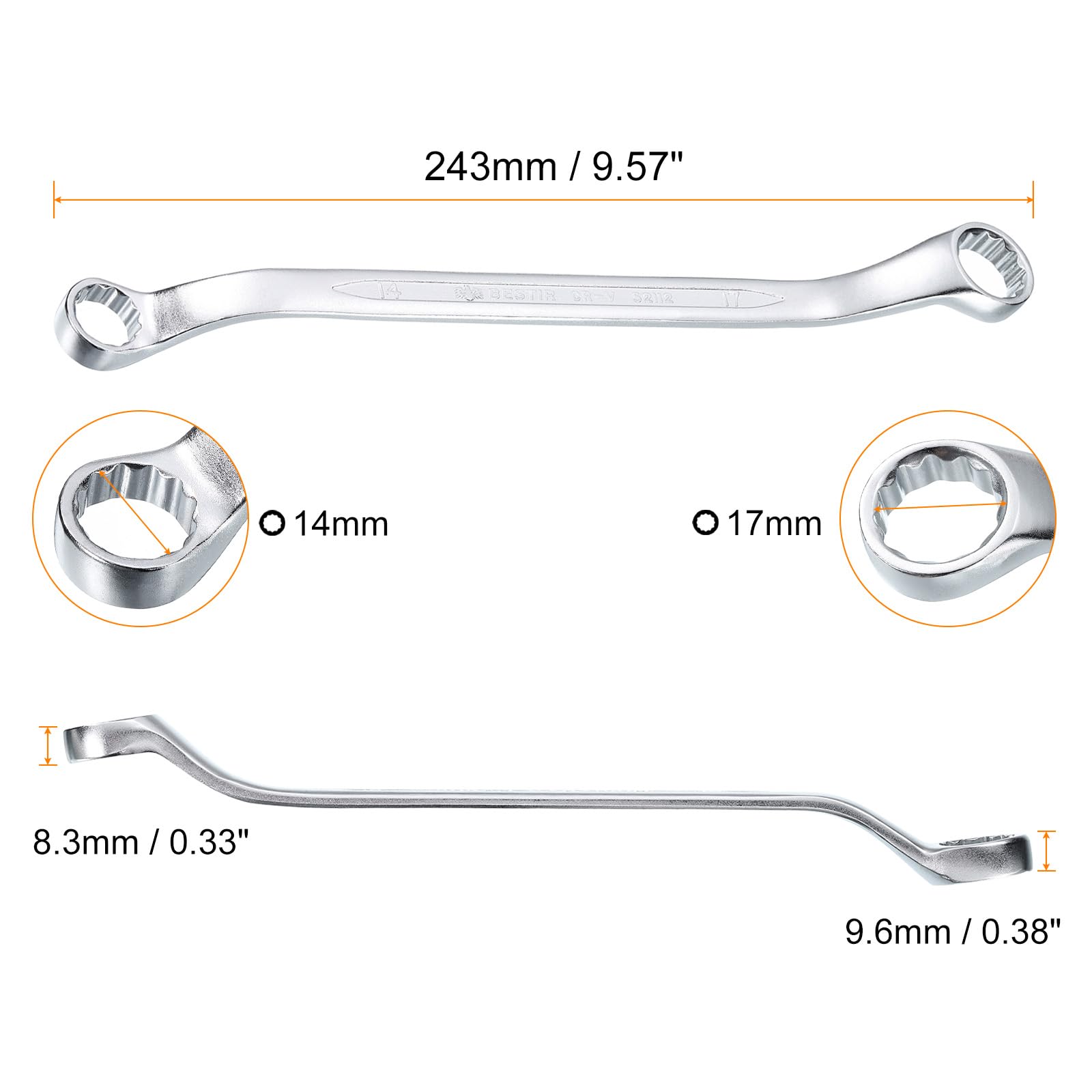 HARFINGTON 45-Degree Offset Box End Wrench 14mm x 17mm 12 Point Metric CR-V Double Box End Wrench Chrome Vanadium Steel Long Offset Torx Box Wrench for Automotive Home Repair Tool