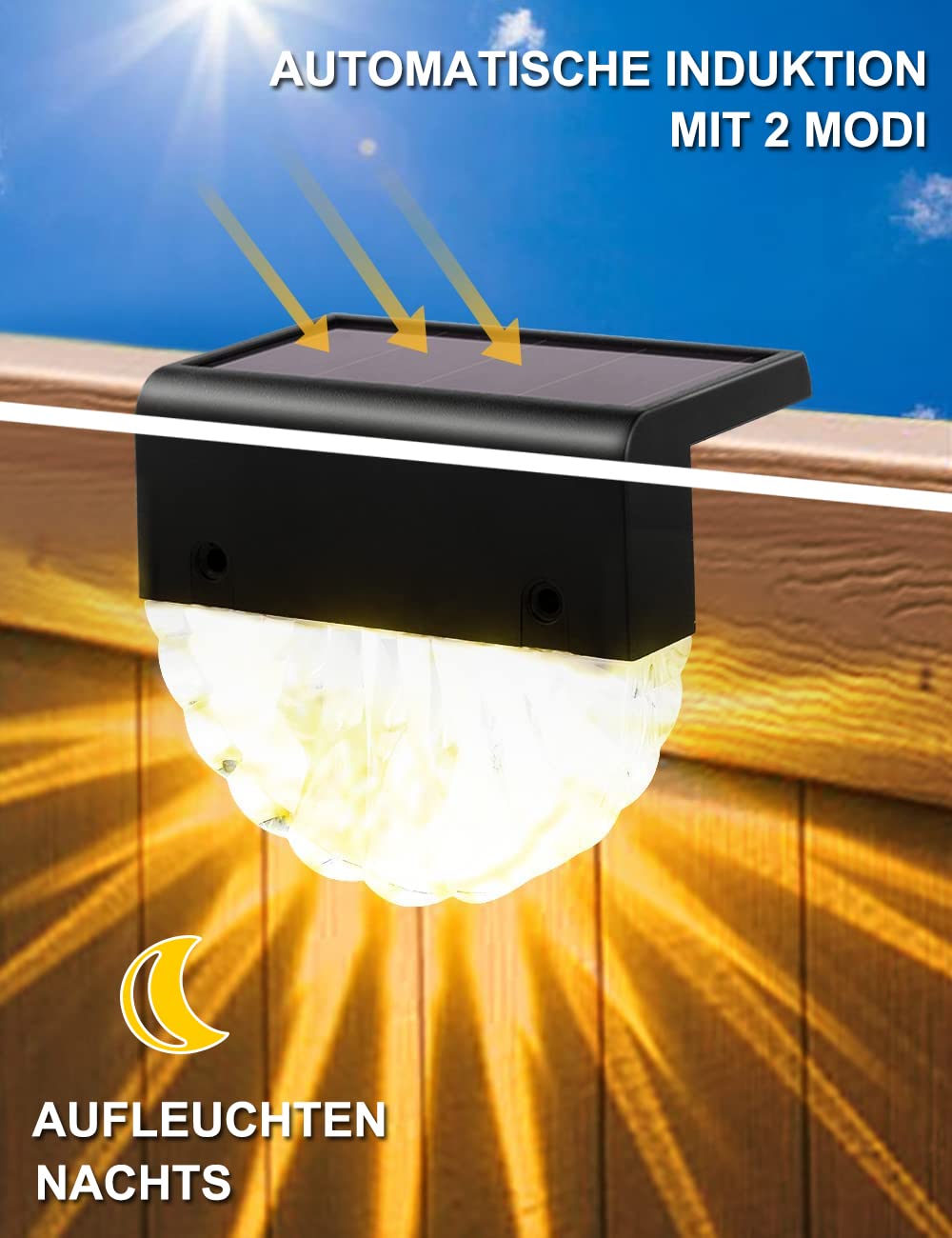 Solarlampen für Außen Garten, 4 Stück LED Solar Lampe, Solarleuchten Gartendeko, 2 Modi Warmweiß/Farbwechselnde Gartenlampe, IP65 Wetterfest Zaun Licht für Terrassen Treppen Stufen Dachrinnen