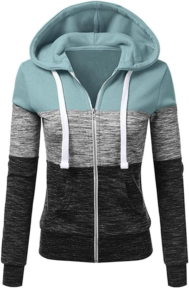 Hoodies for Women Color Block Hooded Sweatshirt Basic Zip-Up Jersey Jacket Long Sleeve Top with Pockets Plus Size