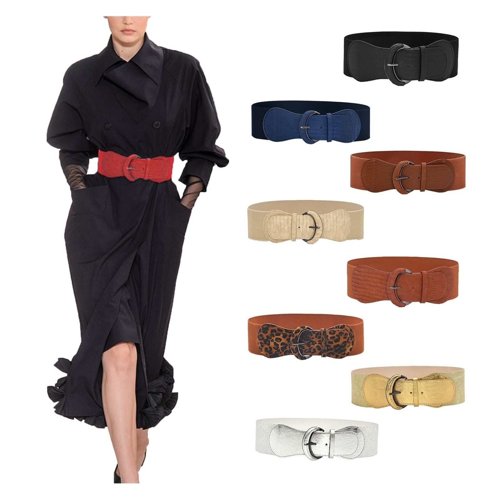 JOJOJ Ceinture à boucle en cuir synthétique pour femme - Ceinture élastique - Ceinture vintage pour femme