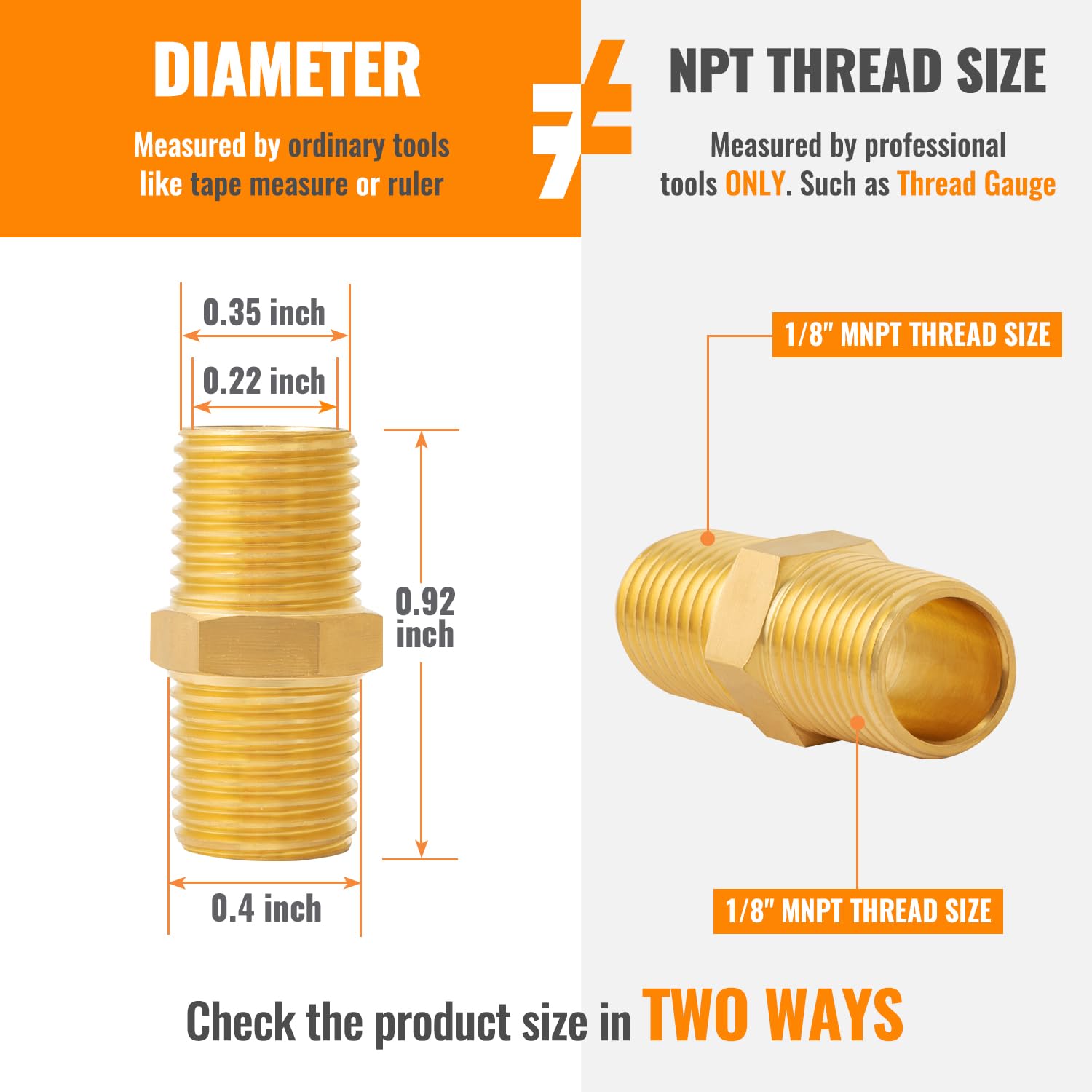 SUNGATOR Solid Brass Pipe Fitting, 1/8 Inch Hex Nipple