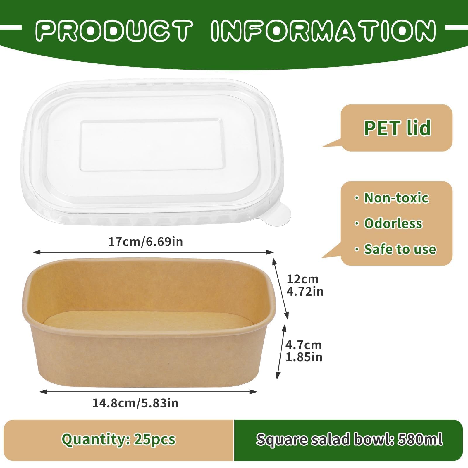 Paquete de 25 recipientes desechables de papel de 19 onzas, recipientes cuadrados desechables para alimentos con tapas transparentes, cuencos de ensalada de papel con tapa adecuados para ensalada de
