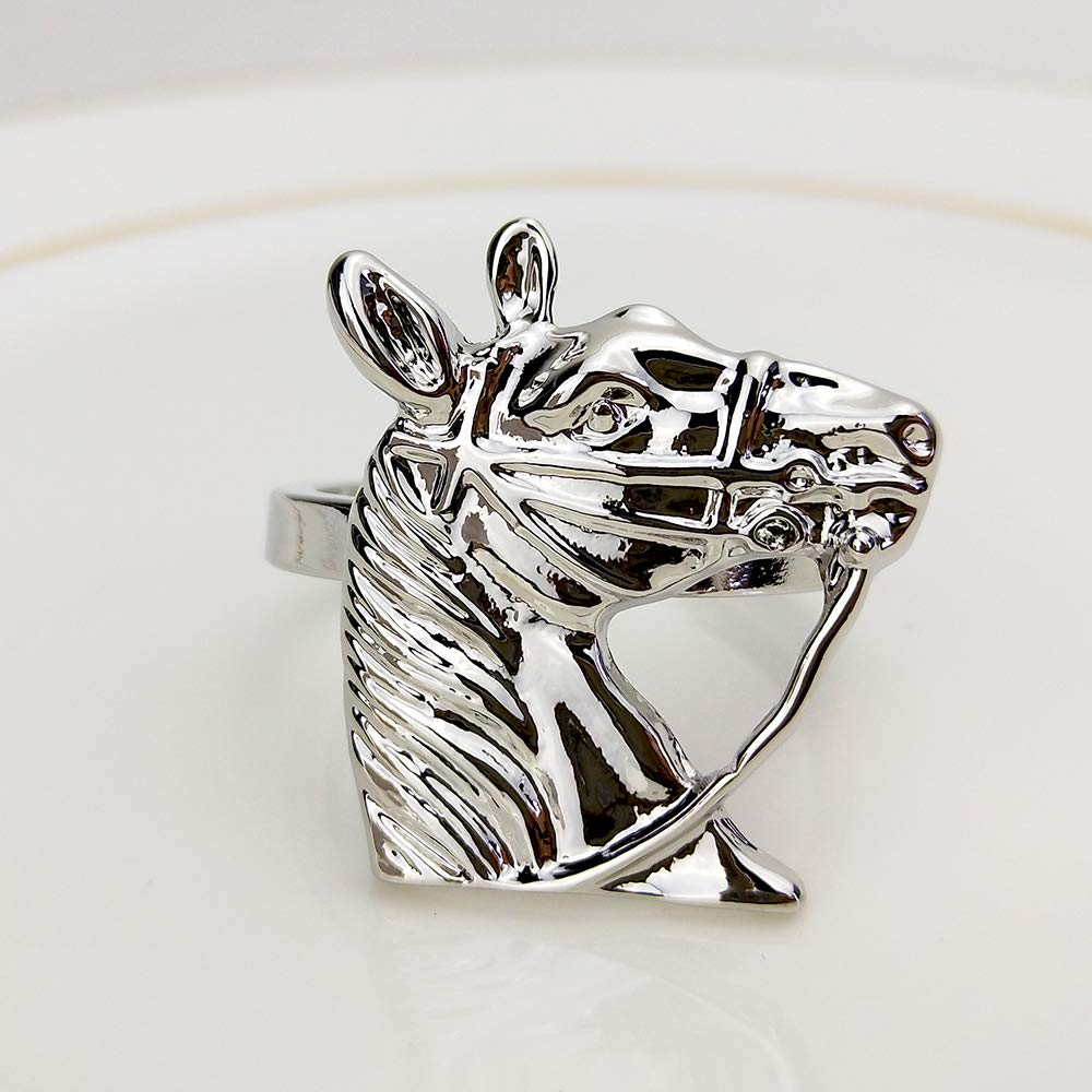 Yalulu Napkin Rings, Pack of 6 Horse Head Metal Napkin Buckle Holder Dining Table Setting for Wedding, Dinner, Hotel Table Decor (Silver)