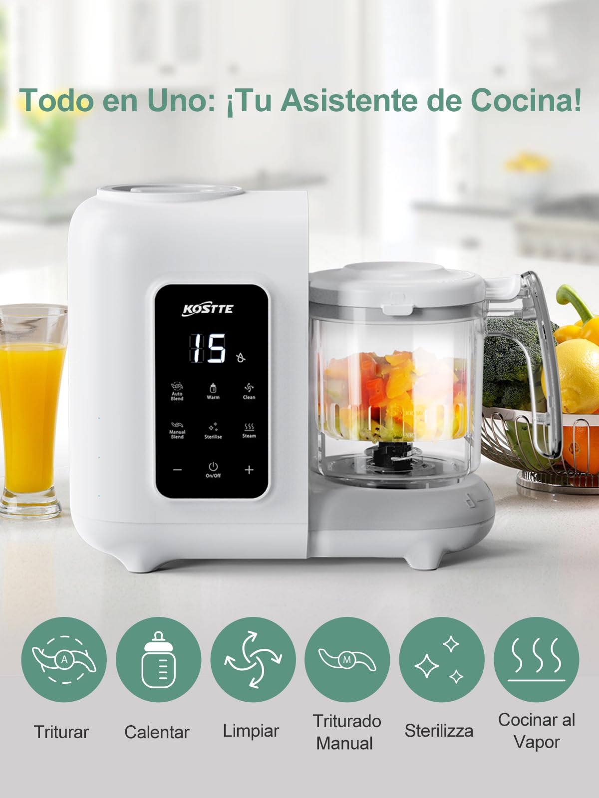 Robot Cocina Bebe 6 en 1, Multifunción Procesador de Alimentos Bebe, Limpieza Automática, Esterilizado, Recalentar, Descongela, Comida variada para tu bebé