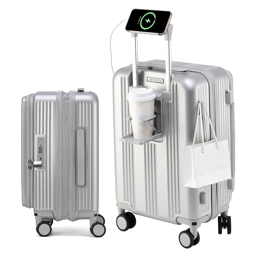 [SKYFLY] スーツケース 片開き 機内持ち込み 多機能 キャリーケース 軽量 Sサイズ キャスター 静音 360度回転 着脱可能 【拡張可能 PC+ABS】 キャリーバッグ 耐衝撃 USBポート TSAロック 側面フック おしゃれ 旅行 ビジネス 出張 修学 泊まる 入院 （1-3泊 45L シルバー）