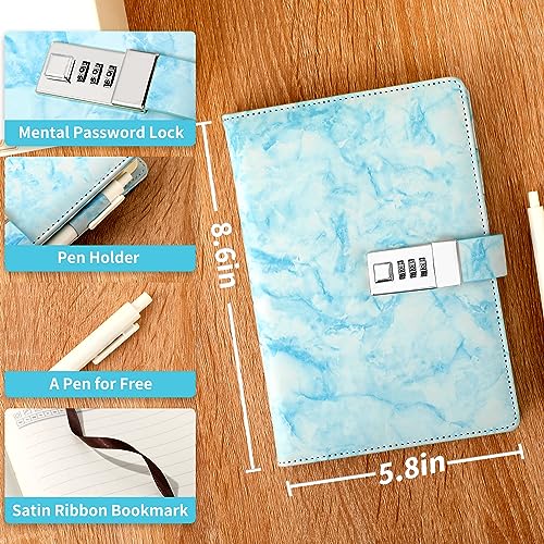 Image of CAGIE Marble Diary with Lock for Girls and Women, Waterproof Journal with Lock 192 Pages Secret Girls Locked Diary with Pen, Password Locked Journals for Teen Girls, A5 Blue2