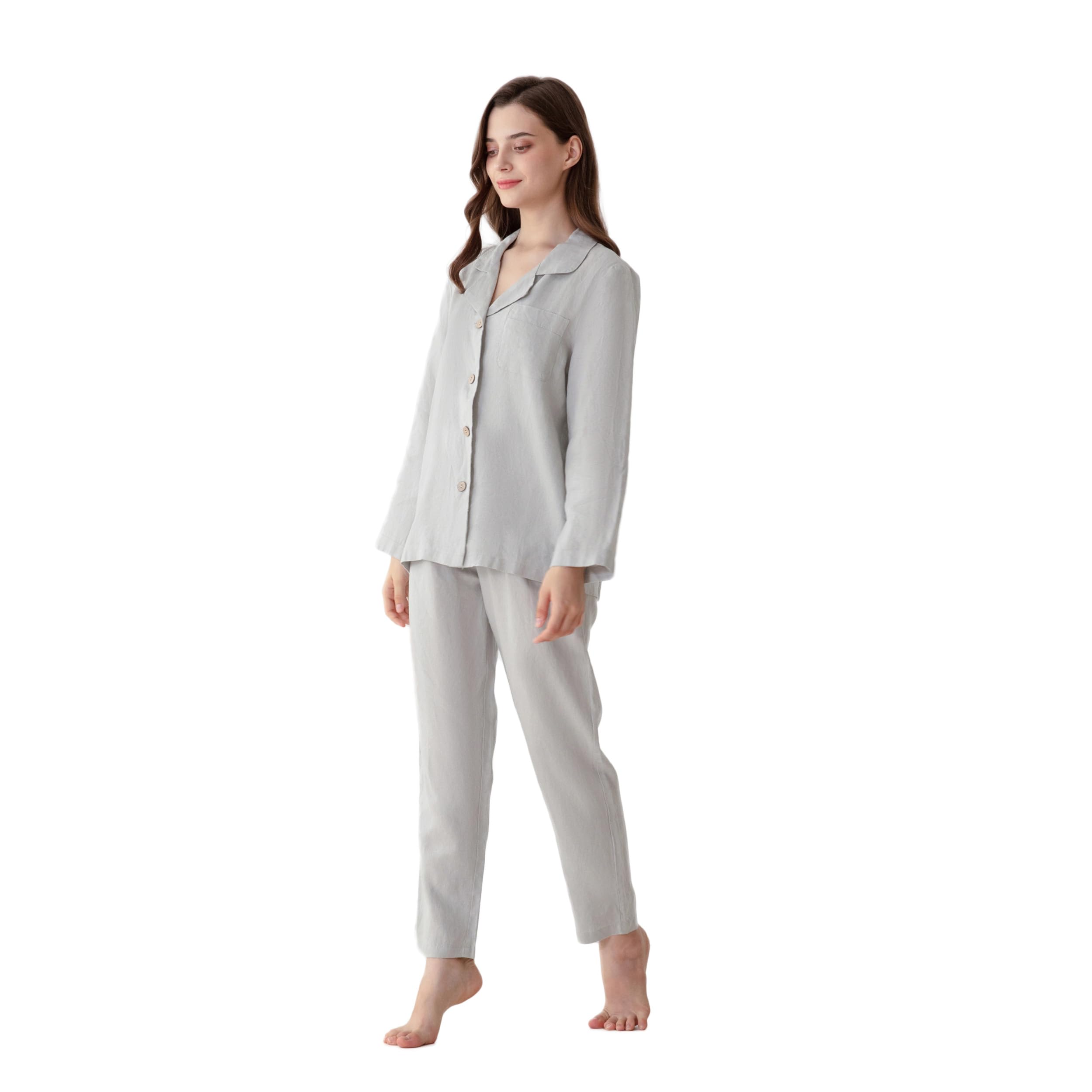 Simple&Opulence Conjunto de pijama de lino 100 % para mujer, camisa y pantalones suaves, ropa de descanso de 2 piezas, ajuste delgado, suave y transpirable, S-L