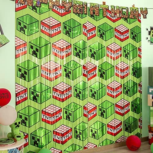 Bupelo Pixel Sport Themed Celebration Provides,2 Pack Creeper & TNT Tinsel Foil Fringe Curtains,Miner Themed Picture Sales space Prop Backdrop Streamer,Miner Crafting Birthday Celebration Decorations,Room Decor for Children