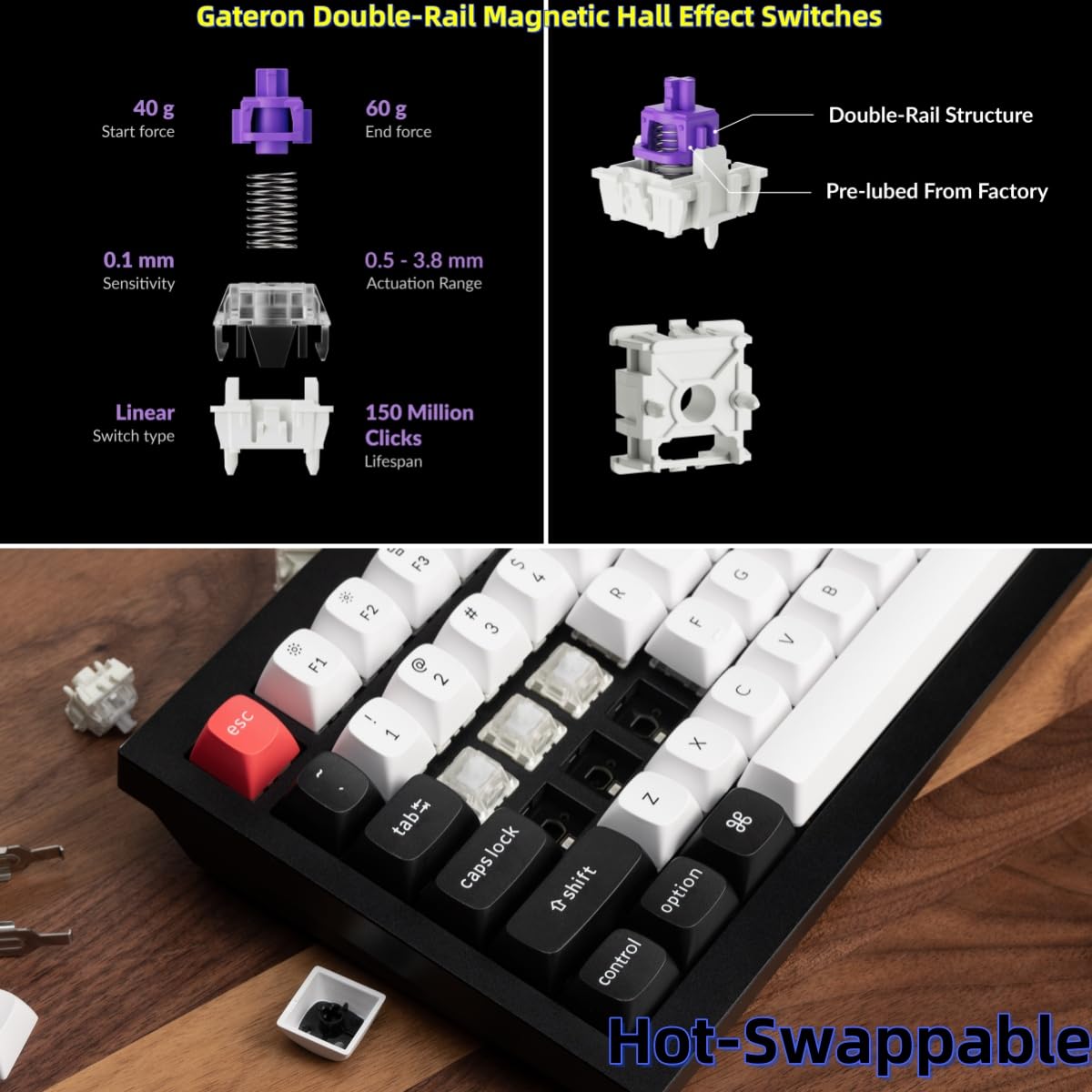 Keychron Q1 HE Tastiera Meccanica Senza fili con Hall Effect Gateron Double-Rail Magnetic Switch Nebula, Rapid Trigger, QMK 2,4 GHz Bluetooth RGB Compatibile con Mac Windows Linux - Bianco