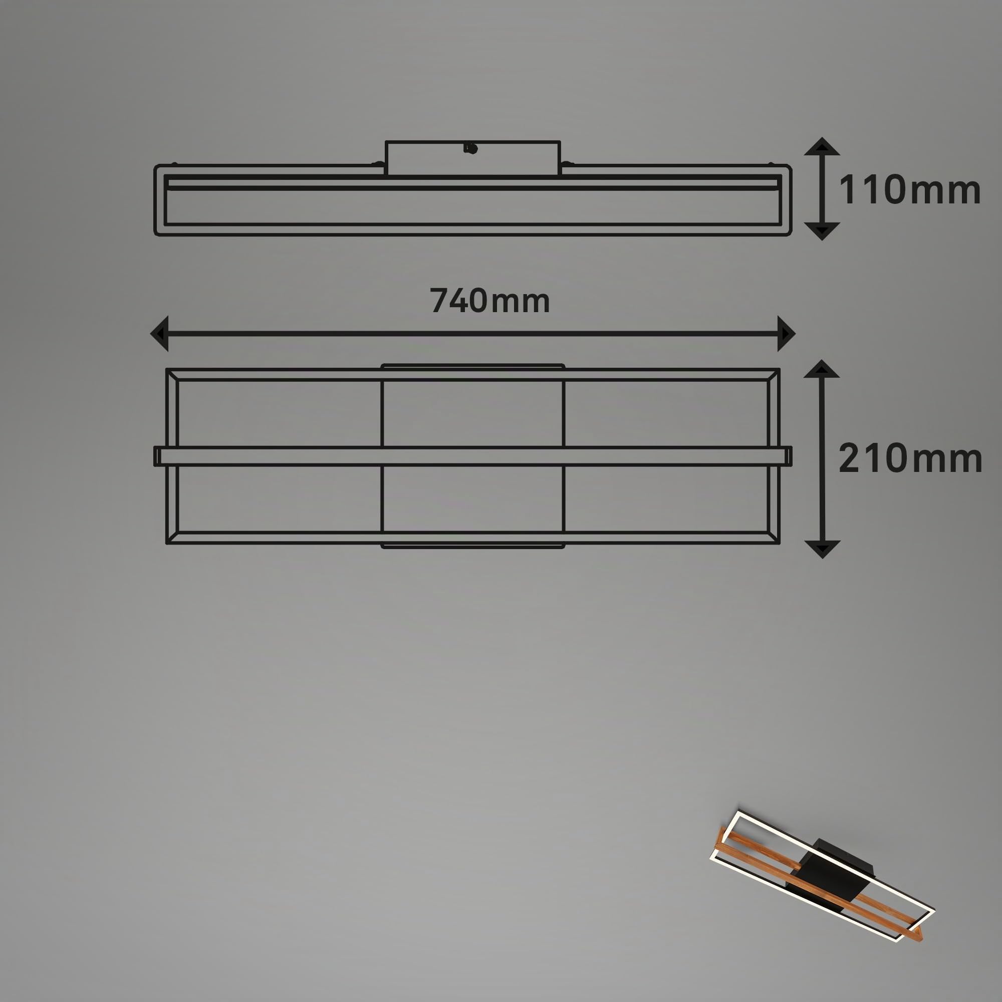 BRILONER - Lámpara de techo LED, lámpara de techo LED con luz de color blanco cálido, lámpara de 21W con marco de madera, lámpara de salón, lámpara de dormitorio, 740x210x110 mm (LxAxA), negro-madera