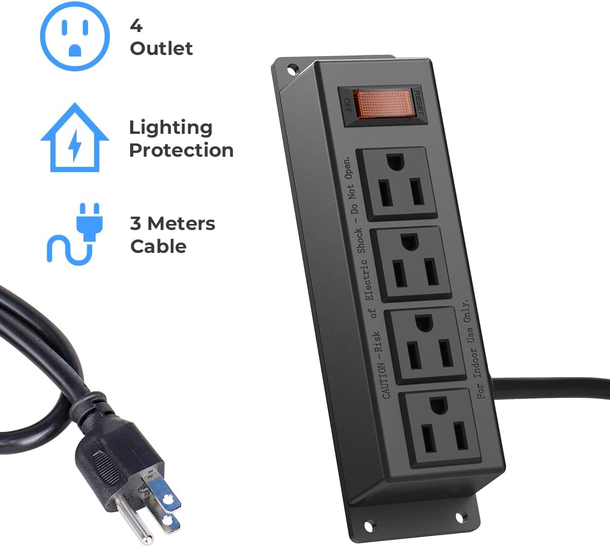 2 Packs Mountable Power Strip with 4 Outlet, Wall Mount Under Desk Power Strip with 10ft Cord, Flat Plug Power Socket for Home, Office, Industrial, Black 2PCS Power Strips