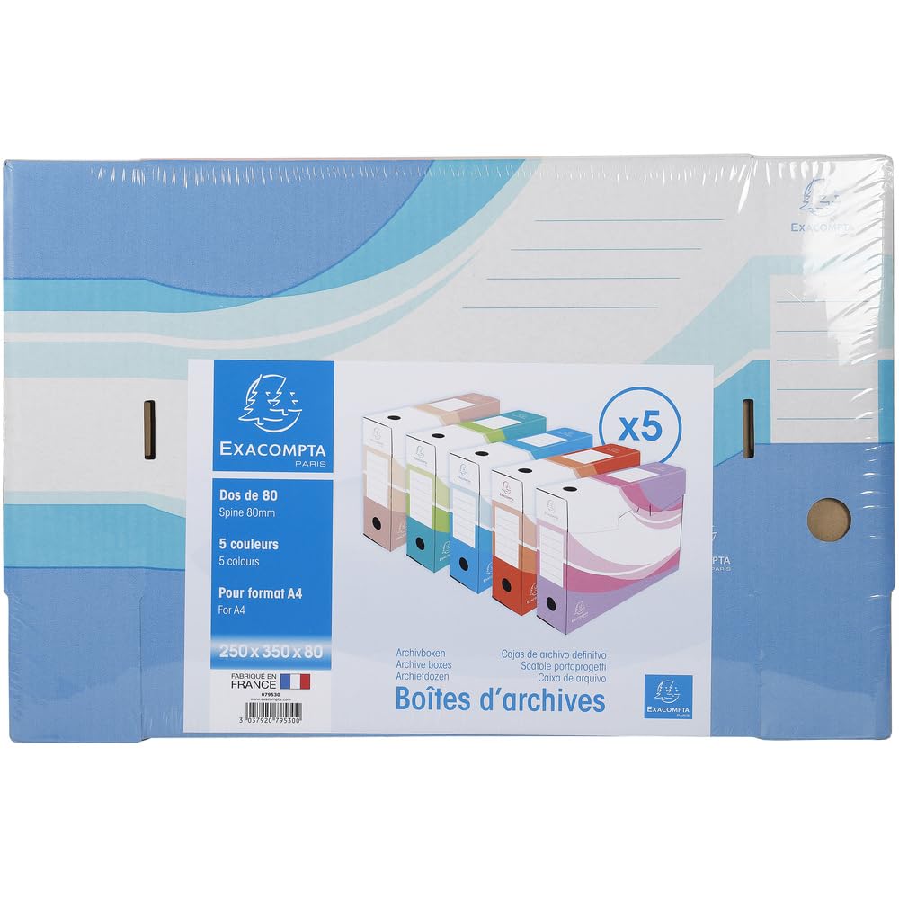 Exacompta 8 Confezioni da 5 Scatole Archivio Kraft A4 Dorso 80 mm Assortiti