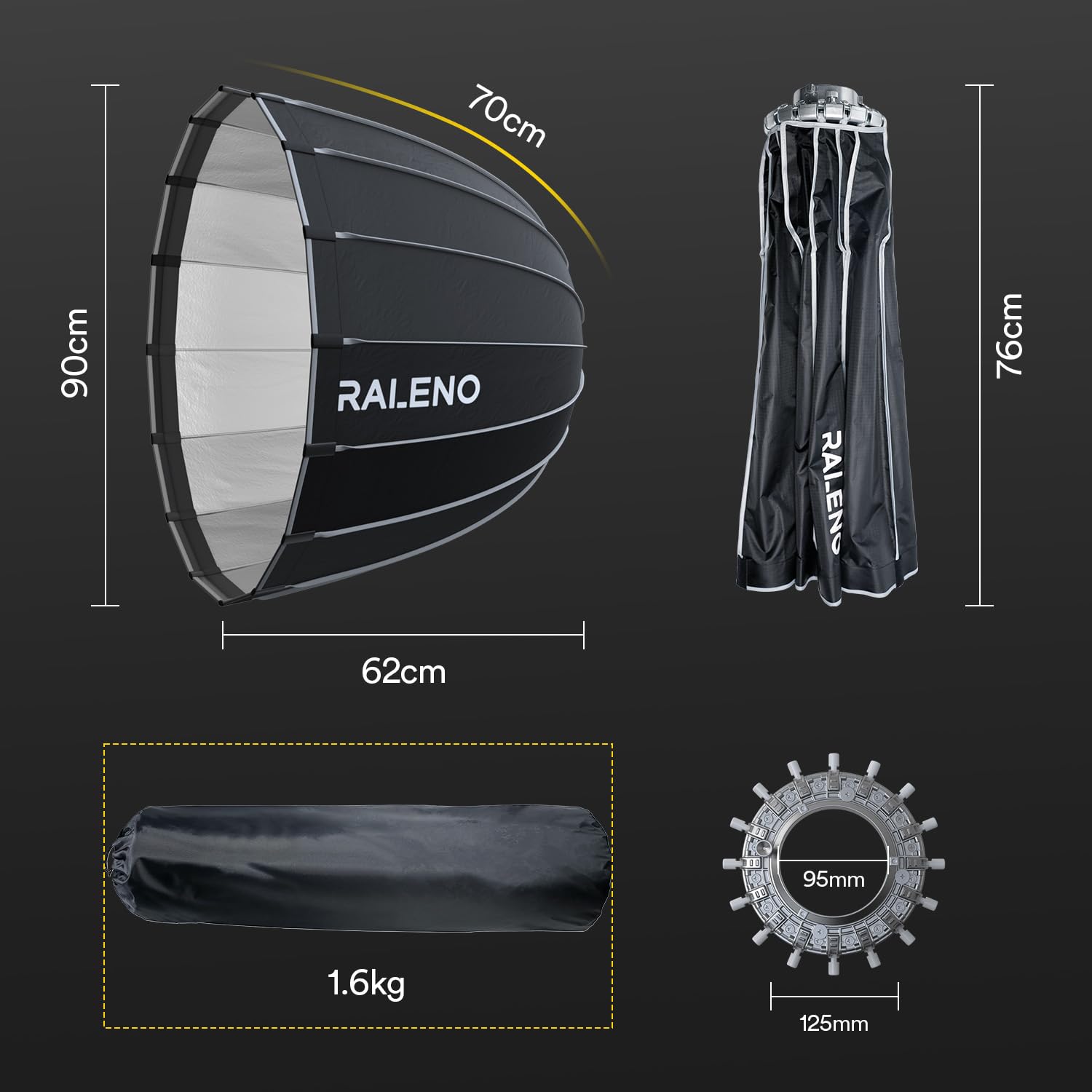 RALENO Softbox Parabolico da 90cm con Attacco Bowens e Griglia a Nido D'ape