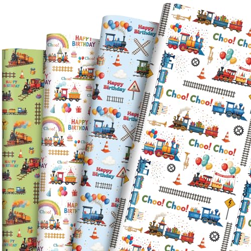 Joviwrap Train Wrapping Paper 12 Sheets Train Themed Happy Birthday Wrapping Paper with Balloon Cake Gift Design Gift Packing Paper for Party 2028