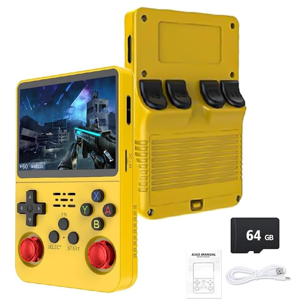 R36S Retro Handheld Game Console - 21,000+ Classic Games, 3.5" IPS Screen, 64GB/128GB, Portable Linux Gaming Device (64g-yellow)