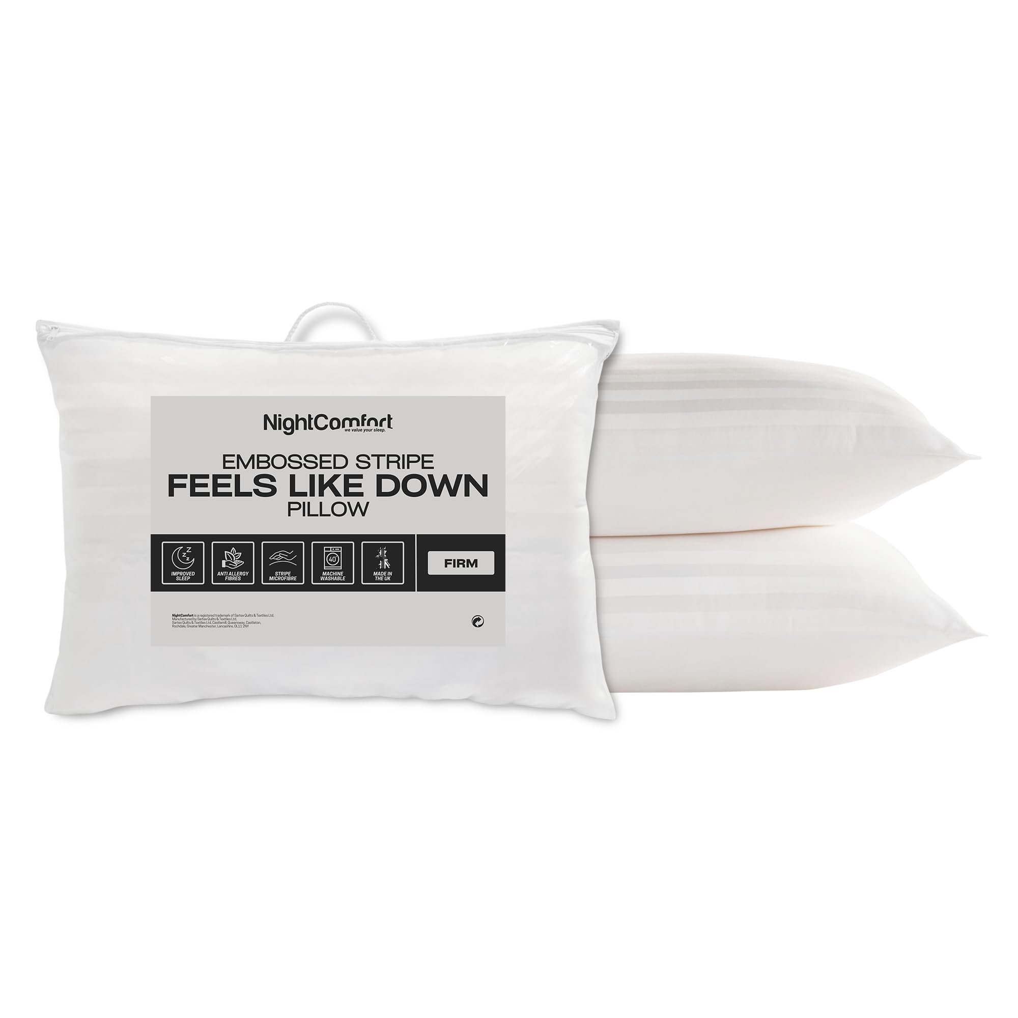 Night Comfort Firm Support Satin Stripe White Pillow - Hypoallergenic Microfibre Pillows For Side Sleepers, Filled With Bouncy Hollowfibre, Big Pillows For Bed (Pack Of 2)