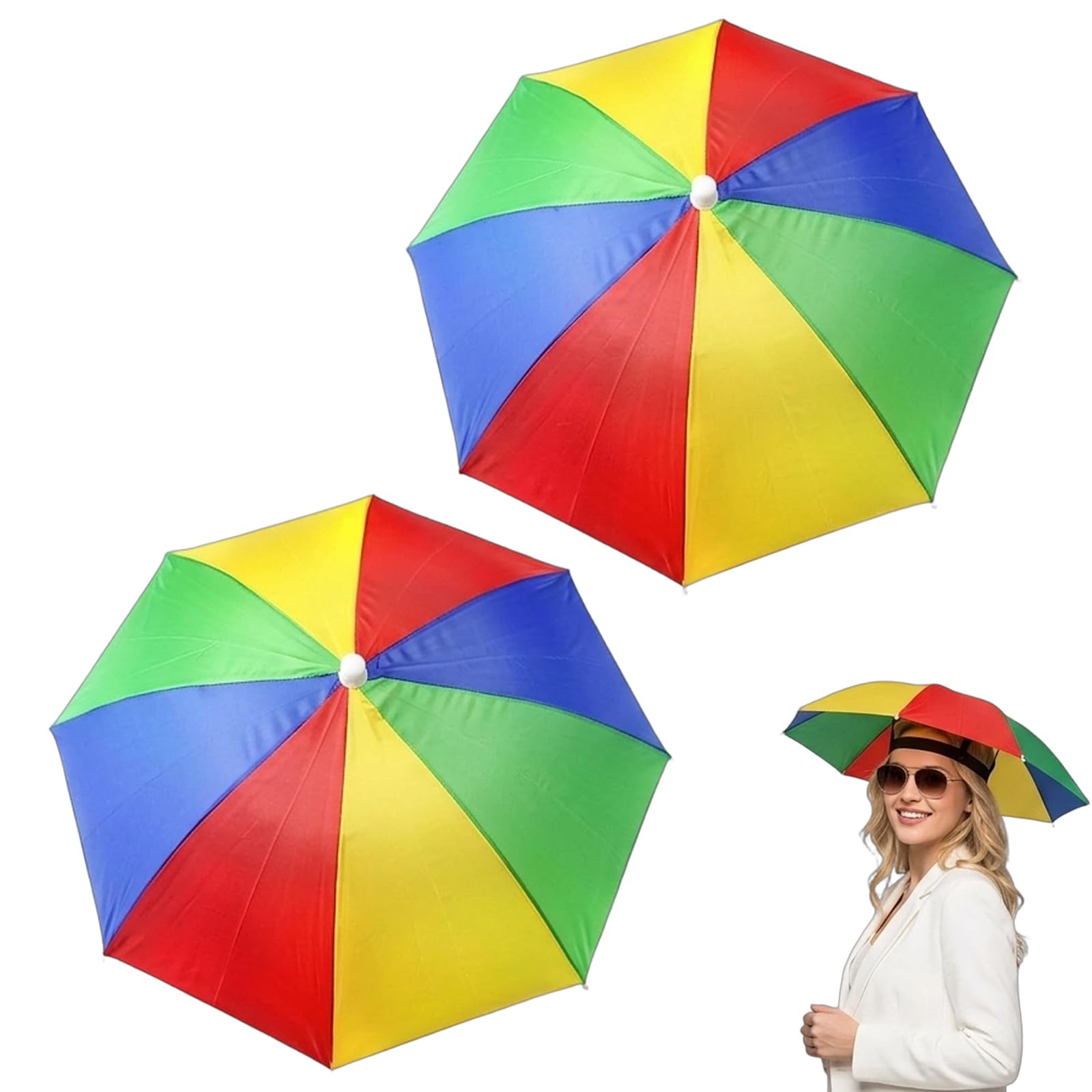 JNGTKL 2 Pcs Umbrella Hat, 53cm Diameter Rainbow Head Umbrella for Outdoor Activities, Headwear with Hands-Free Design, Foldable Sun and Rain Protection for Adults and Families