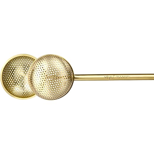 VAYU Brewcraft Brass Premium Tea Infuser | Rust-Resistant Golden Tea Strainer with Fine Mesh | Spring Mechanism, Dishwasher Safe ? Perfect for Loose-Leaf Tea Brewing, Reusable for Multiple Cups