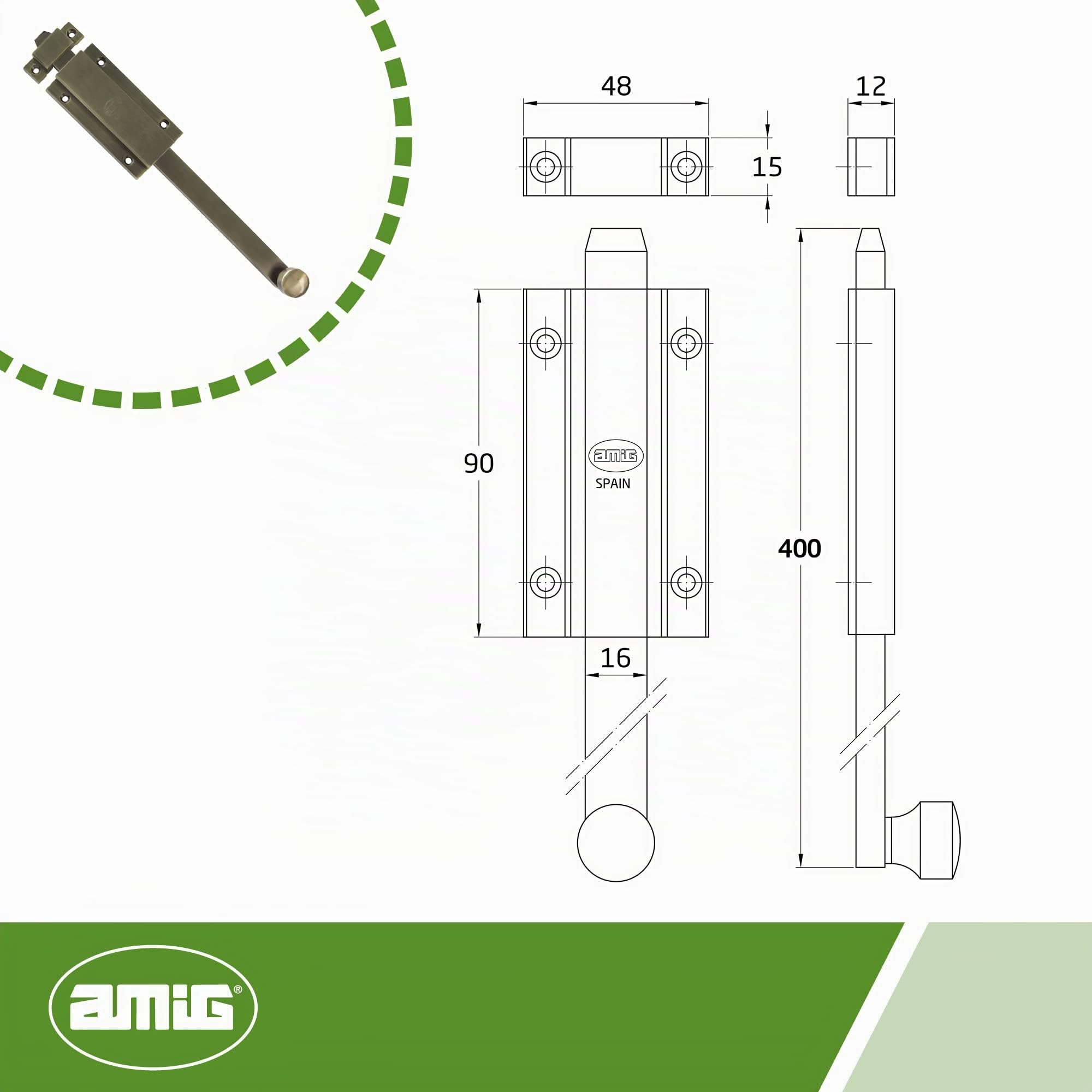 Amig - Pasador de Sobreponer para Puertas Mod.3700 - Pestillo de Seguridad para Colocar Horizontal o Vertical - De Latón con Acabado Cuero - Medidas: 400 x 48 mm - Incluye Tornillos
