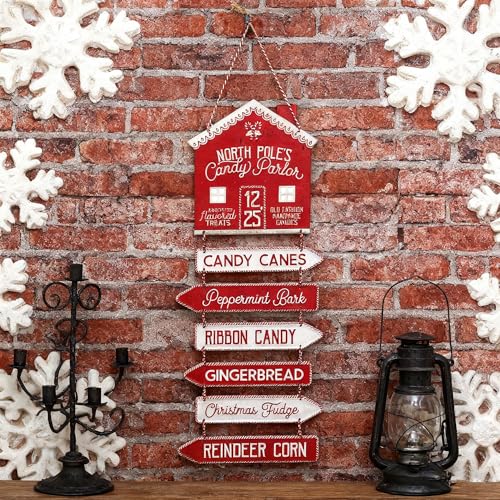 Vintage Red Christmas Wall Decor Gingerbread House Metal Signs Rustic Distressed North Pole Candy Parlor Wall Mount Hanging Decorations Art Ornaments for Xmas Holiday Front Door Indoor Home Gift
