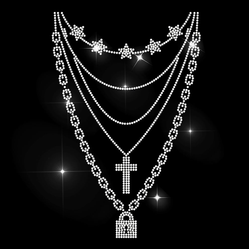 MAYJOYDIY Layered Necklace Rhinestone Iron on Hotfix Transfer Lock Star Heat Transfer Sticker Diamond Chain Bling Clothing Decoration Applique for Shirt Bag Hat Jacket Jeans Shoes DIY Crafts