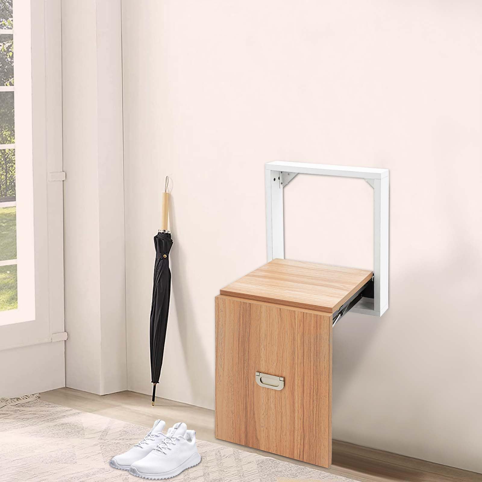 WsrrLun Wall Mounted Folding Stool, Shoe Changing Stool for Entryway Hallway, Space Saving Multi-Functional Hidden Wall Mounted Seat, 330lbs Load Capacity (White(Frame)+Walnut Color(Stool))