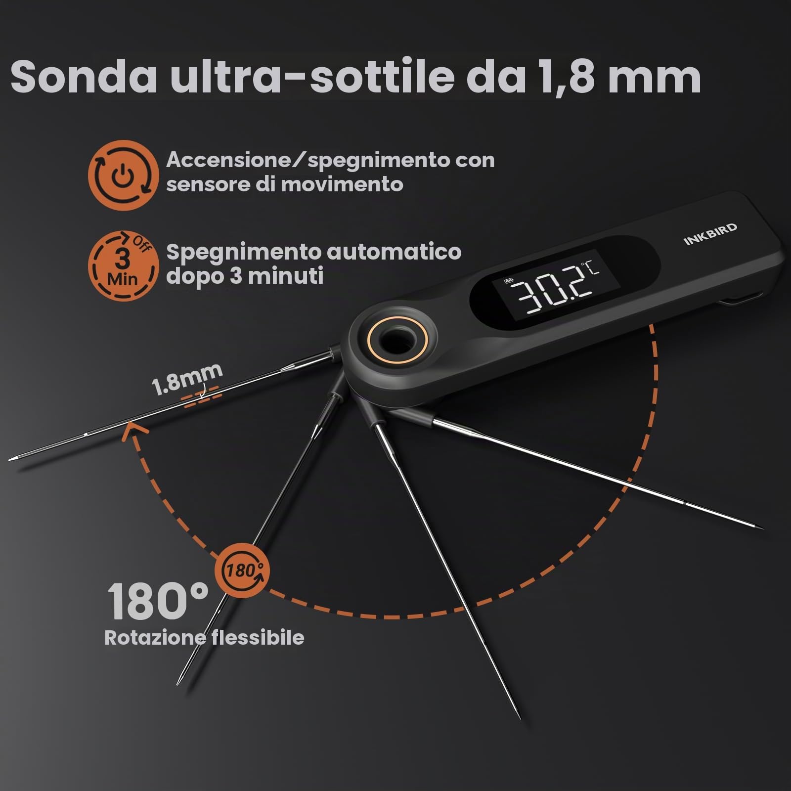 INKBIRD Termometro Alimentare a Lettura Istantanea a Doppio Display,Due Schermi,Risposta Super Rapida 0,5 Sec,Impermeabile IP65 Corpo Intero,Ideale per Cucina, Grigliate,Forno,Preparazione Bevande