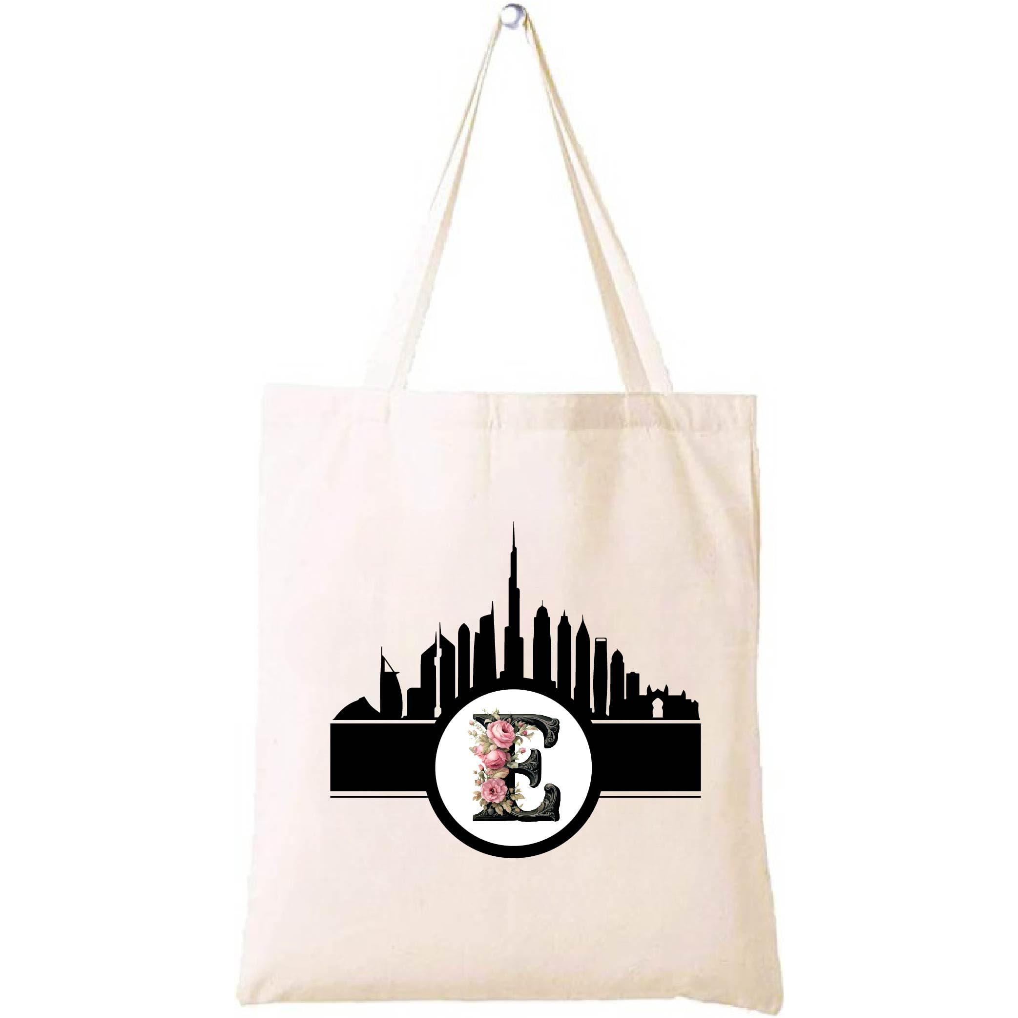 Initial Monogram Cotton Tote Bag with Dubai Skyline Theme - Perfect for Reusable Grocery Shopping and Travel Bag - Gift for Her - Friends and Family