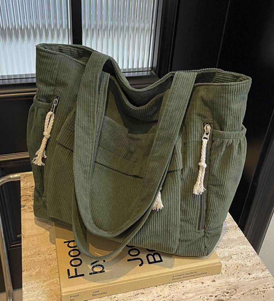 Bolso tote premium de pana para mujer, bolso cruzado grande con cierre de cremallera, elegante bolso de hombro y de mano para trabajo, viaje y outfits casuales, 15,7 x 11,8 x 5,1 pulgadas, verde miniatura 2