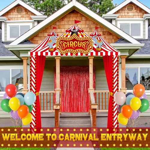 Image of Tingjoo 6 Pcs Carnival Circus Tent Decorations Set Halloween Carnival Decorations Red and White Circus Tent Backdrop Door Cover Banner with Red Tinsel Fringe Curtain Awning Clown Birthday Supplies
