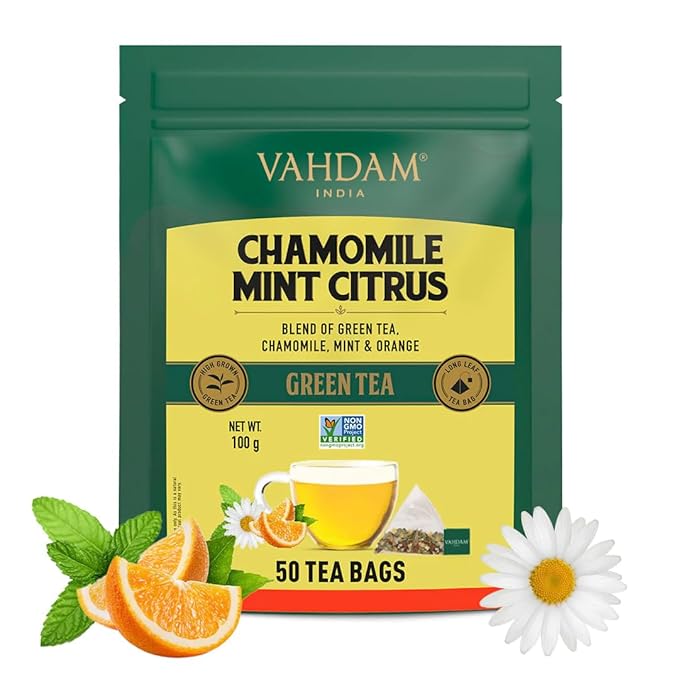VAHDAM, Chamomile Mint Citrus Green Tea Bags (50 Count) Low Caffeine, Non-GMO, Gluten-Free | Sweet & Floral | Whole Loose Leaf Tea Bags | Resealable Ziplock Pouch | Chamomile Tea, Mint Tea Bags