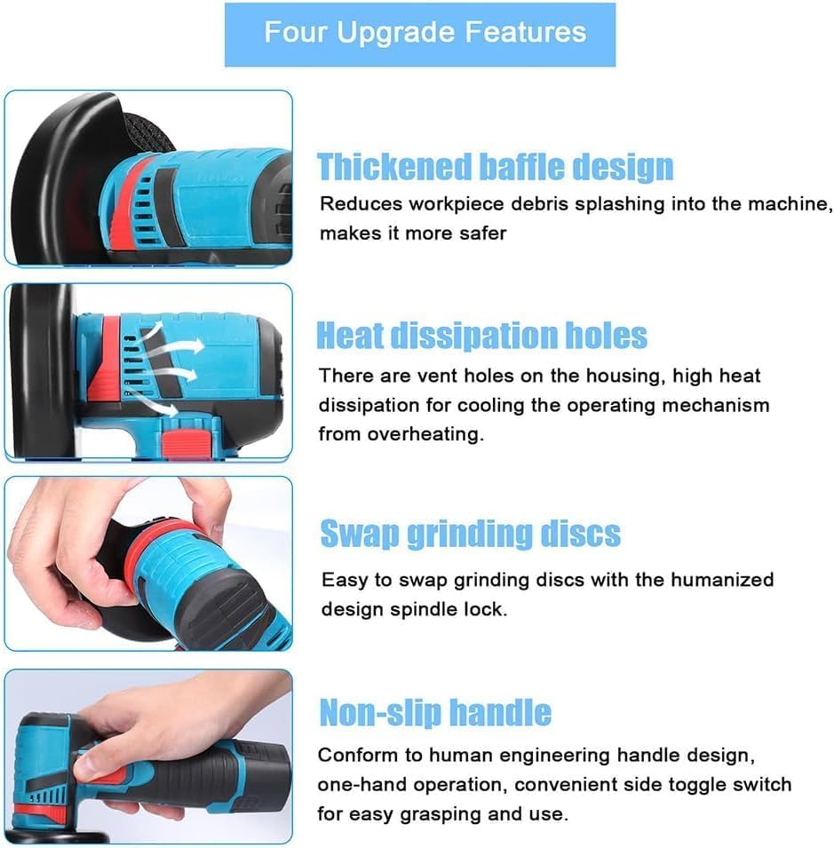 Image of Cordless Mini Angle Grinder Machine with Rechargeable Battery | Portable Electric Grinder for Metal, Tile, Wood Polishing & Cutting with Spindle Lock and Toggle Switch-Blue