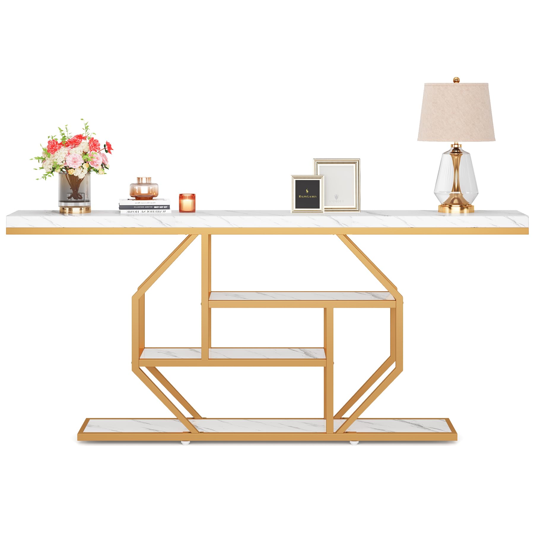 70.9" Extra Long Console Table, 4-Tier Modern Gold Entryway Table with Open Shelves, Sofa Table for Living Room, Hallway, Entrance