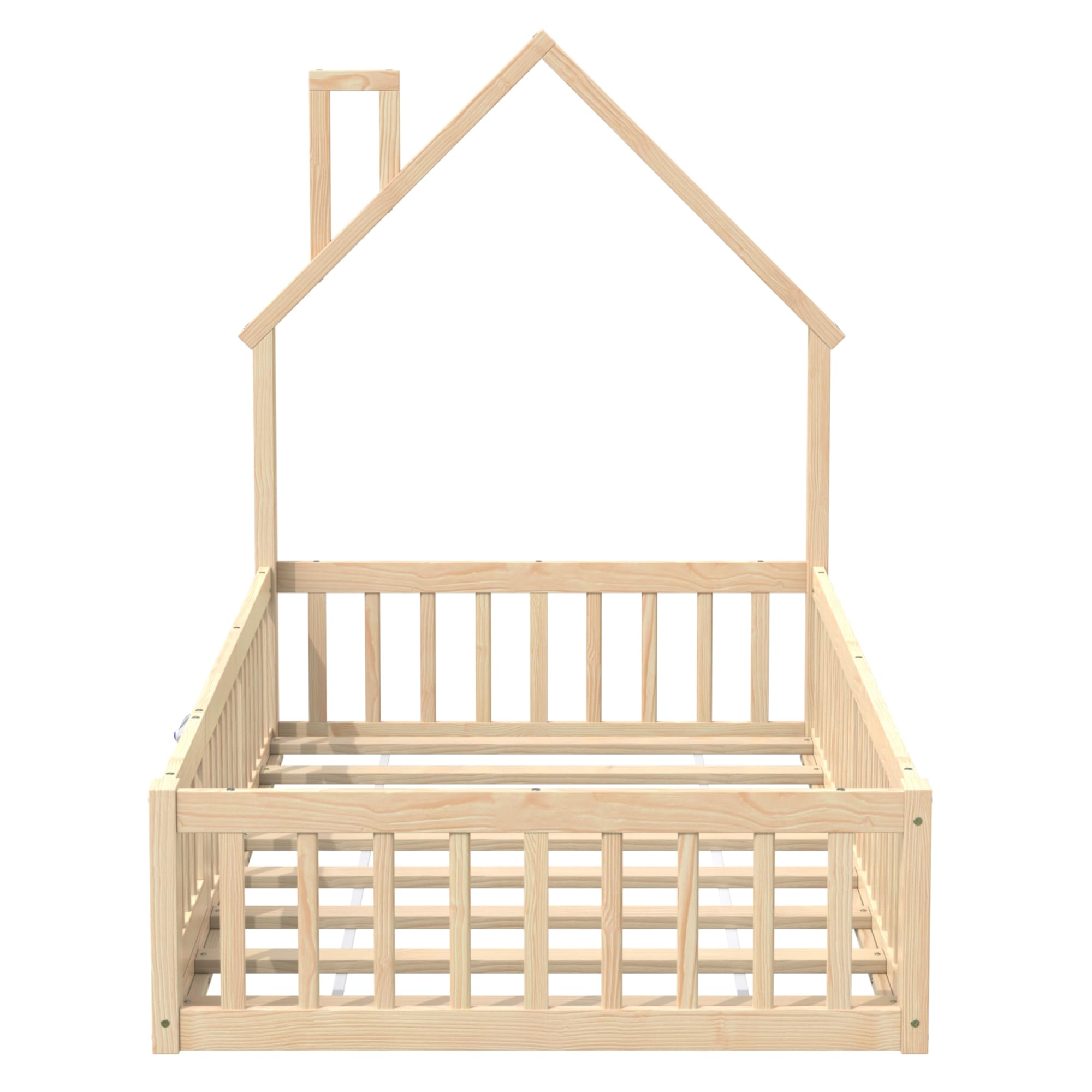 LAKFEW Cama Montessori Infantil 90x200 cm con Barandilla y Diseño de Chimenea, Cuna Cama Bebe Niño Niña con Listones de Madera, Cama Suelo Criança Individual, Natural, Sin Colchón
