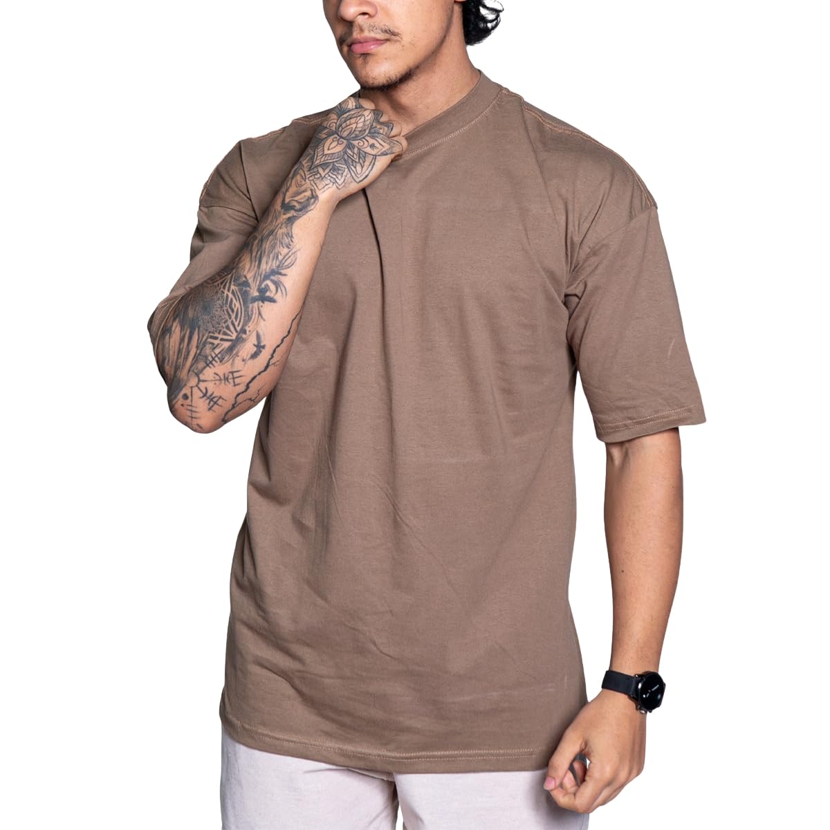 Camiseta Oversized Masculina Streetwear Gola alta Justa Camisa Larga Básica Lisa Ocasional Hip Hop Skate Algodão