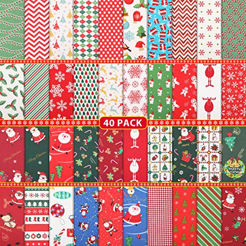 Tatuo 40 Pieces 10 x 10 Inch Christmas Cotton Fabric Bundles Xmas Square Sewing Quilting Precut Fat Quarters Patchwork Christmas Tree Snowflake Printed Fabric Scraps for Xmas Dress Apron Crafts DIY