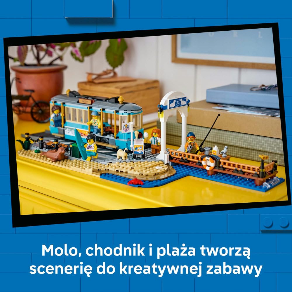 LEGO City Tramwaj przy plaży, zabawka konstrukcyjna, pociąg dla dzieci, 5 minifigurek i figurki zwierząt, prezent dla chłopca lub dziewczynki w wieku od 7 lat 60506