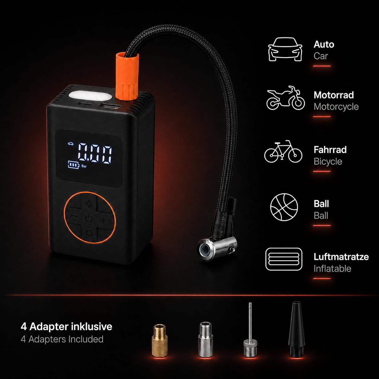 KOMBO - Tragbarer Kabelloser Luftkompressor 8V – Digitaler Autoreifenfüller 130 PSI mit Auto-Stopp, USB-C und 5 Adaptern, Wiederaufladbarer Mini-Kompressor