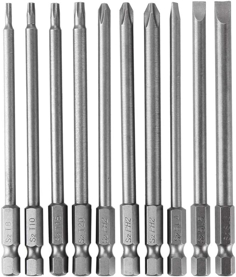 IBEUTES 10pcs 1/4 Inch Hex Shank Long Magnetic Screwdriver Bits Set 4 Inch Power Tools (Slotted+Cross+Plum blossom)
