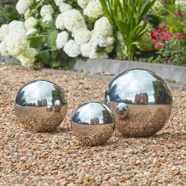 Garden Mile Stainless Steel Gazing Ball - 3pc Silver Polished Mirrored Hollow Ball Reflective Sphere Floating Pond Balls Stainless Steel Garden Ornaments for Garden Decorations (3 Pack)
