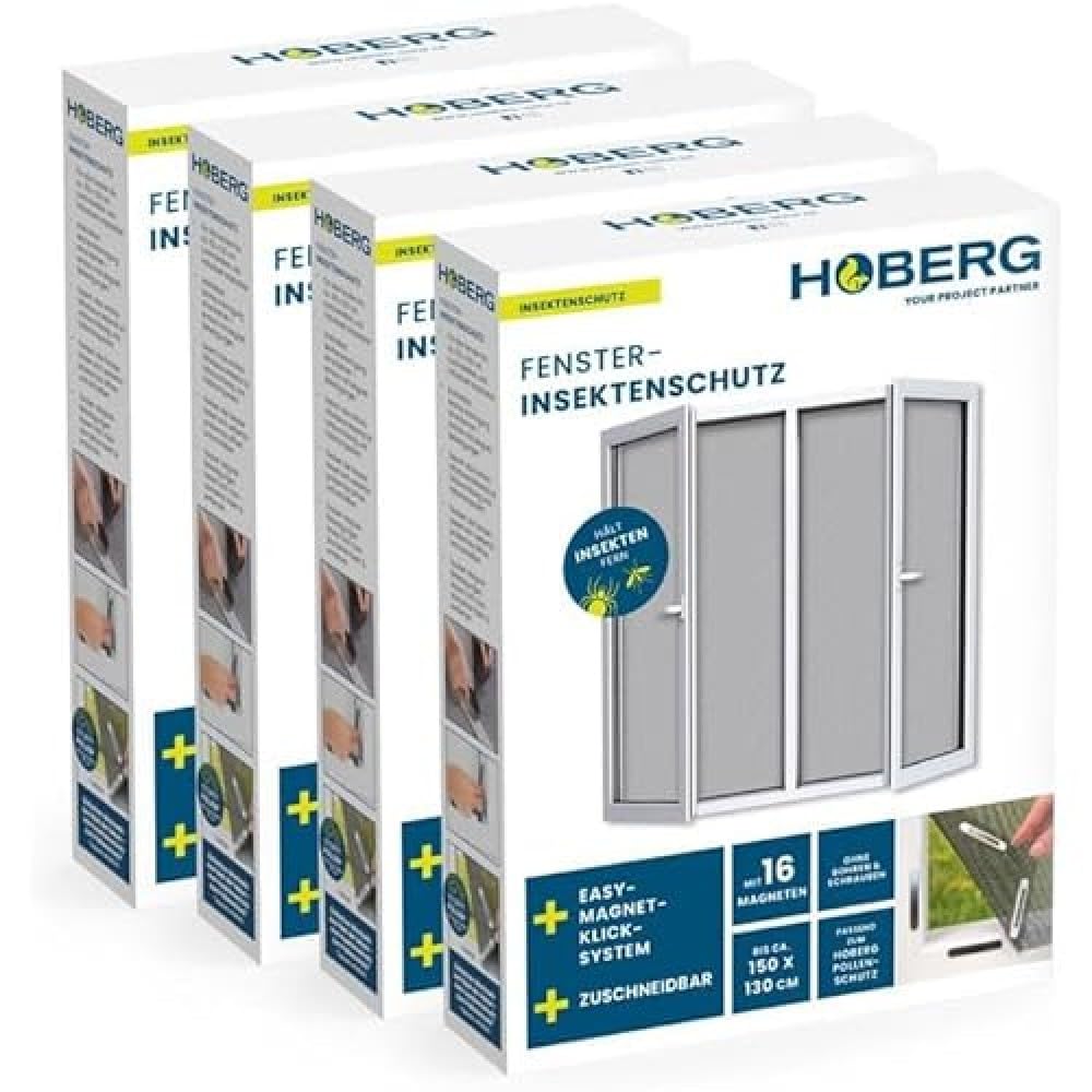 Hoberg Fly Screen for Windows with Magnetic Attachment, Mosquito Net Can Be Cut to Size up to 150 x 130 cm, Easy to Install with 16 Magnets, Insect Protection No Drilling, Screws and Adhesive