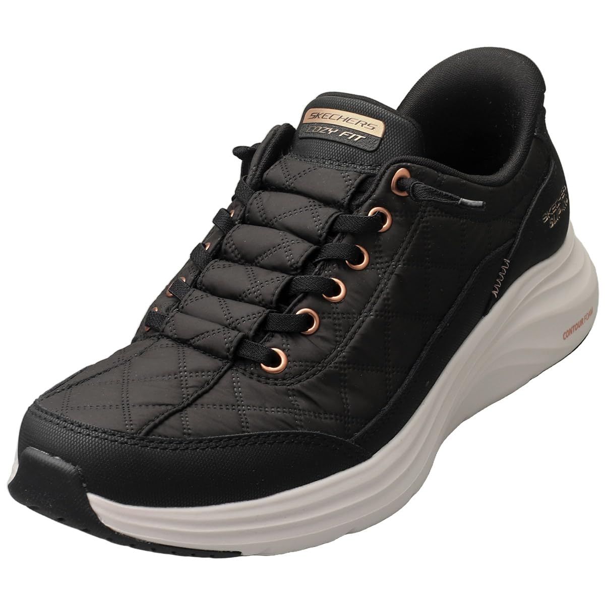 Skechers Contour Foam Hour Sneaker – Schwarzer Mesh/Duraleather/Leder mit Roségold-Trim, EU 38, vegan, maschinenwaschbar, Slip-In